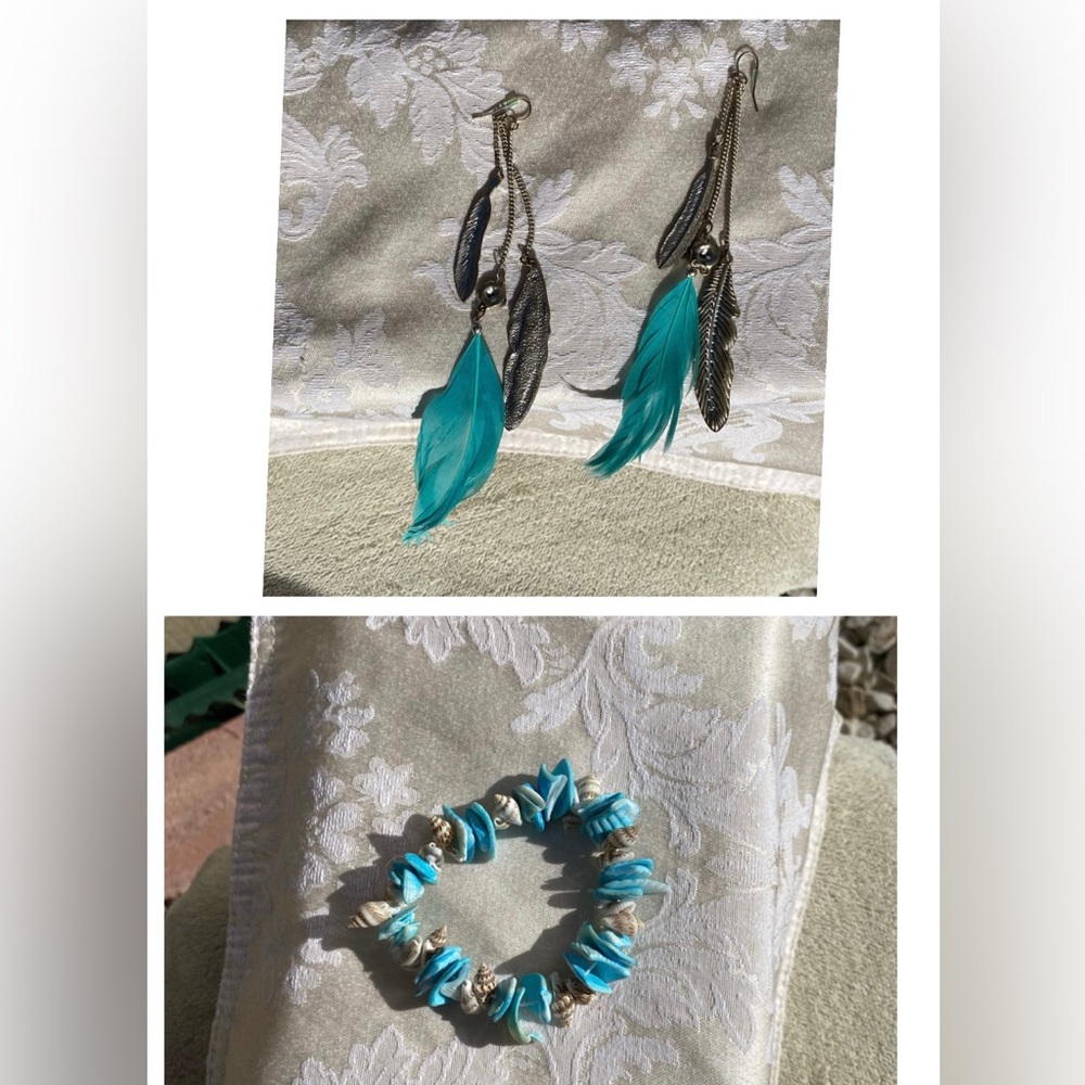 Feather earrings with matching bracelet turquoise color